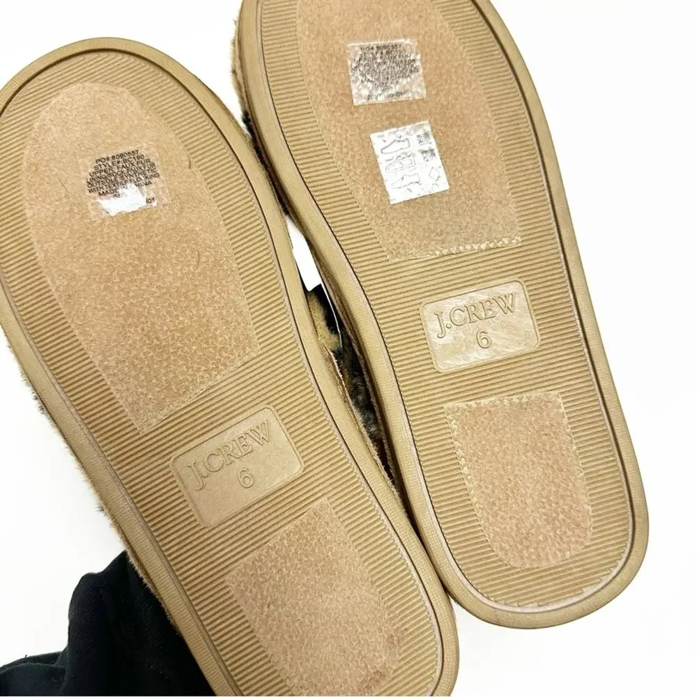 NEW J. Crew Leopard Fuzzy Faux Fur Slippers Womens 6 Animal Print Cozy Slip On